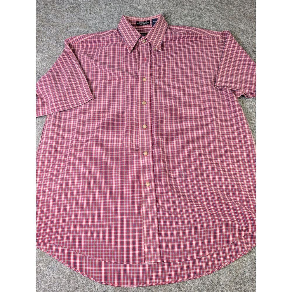 Van Heusen Mens Large Wrinkle Free Plaid Short Sleeve Button Down Shirt Red Blue
